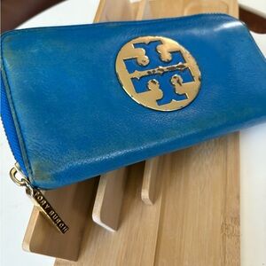 Tory Burch Vibrant Blue Leather Wallet with Gold Emblem Zip Around Closure